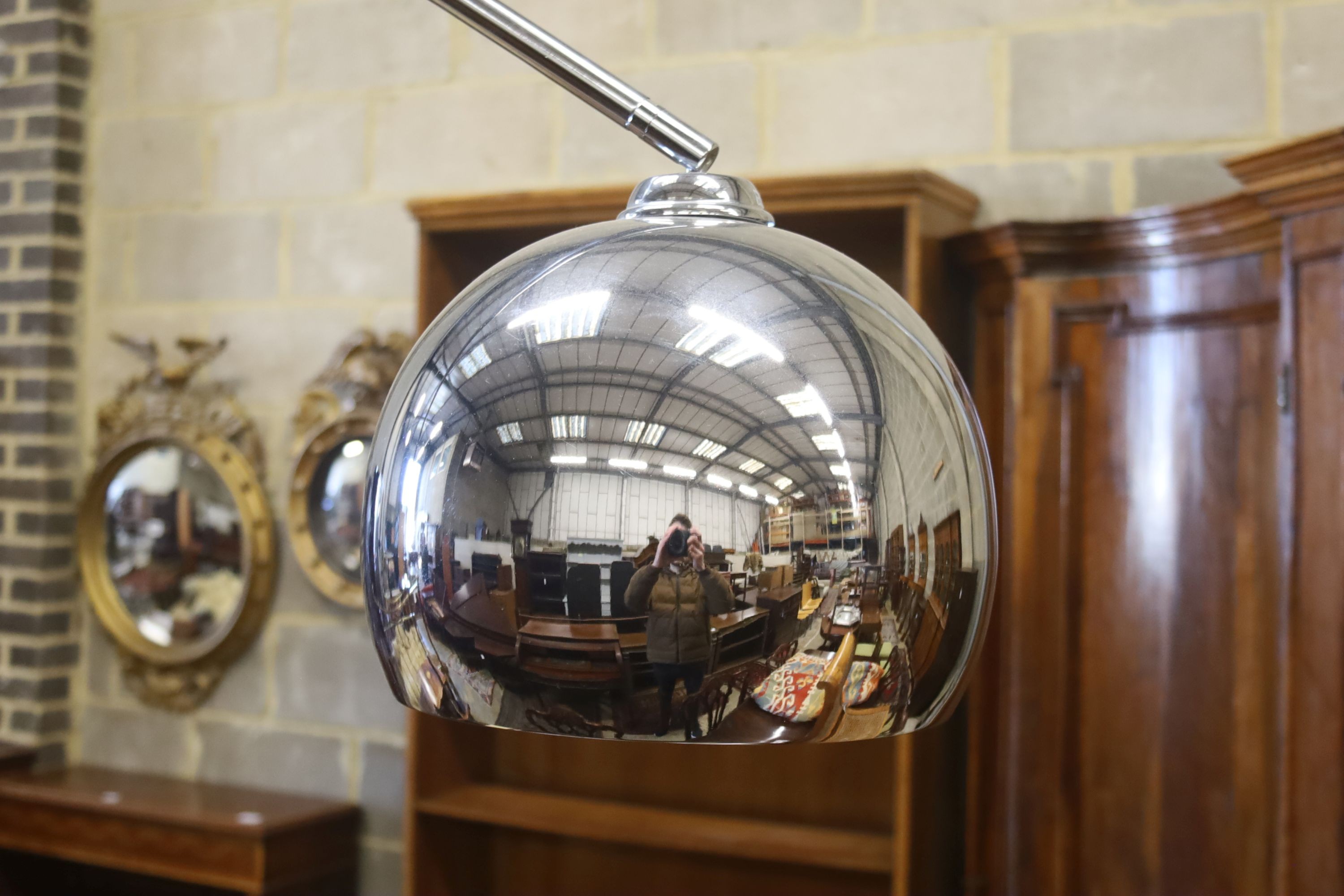 An Italian style chrome and reconstituted marble arc floor lamp, height 207cm